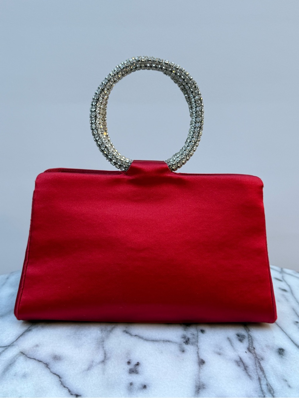 1975 Collectible Vintage Judith Leiber Red Satin Tote w/ Rhinestone Ring Handles
